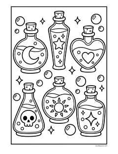 Six potion bottles of different shapes decorated with a moon, a star, a heart, a skull, a sun and a sparkle, with bubbles around them