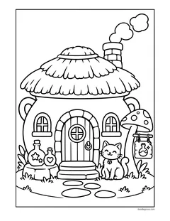 A cottage shaped like a cauldron with a thatched roof, a round door, potion bottles, a spotted mushroom and a smiling cat