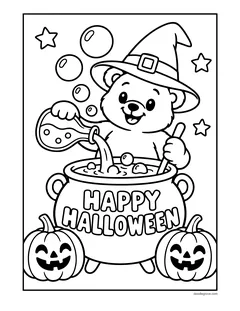 A bear in a witch hat pouring a potion into a cauldron that says Happy Halloween, between two jack-o'-lanterns