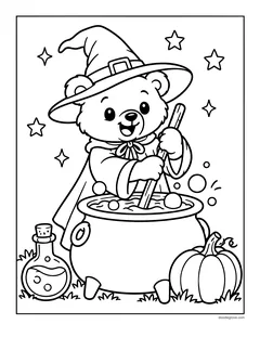 A bear in a witch hat and cape stirring a bubbling cauldron, with a potion bottle and a pumpkin