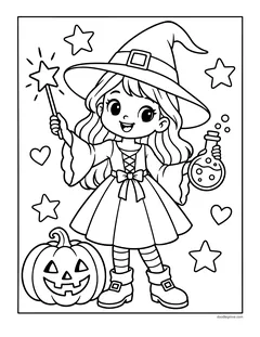 A smiling girl witch in a dress and striped stockings holding a star wand and a potion, with a jack-o'-lantern, hearts and stars