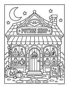 A small shop with a Potion Shop sign, an Open sign on the door, shelves of potion bottles in the windows and pumpkins by the steps