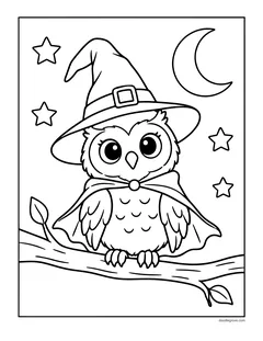 An owl in a witch hat and cape sitting on a branch under a crescent moon and stars