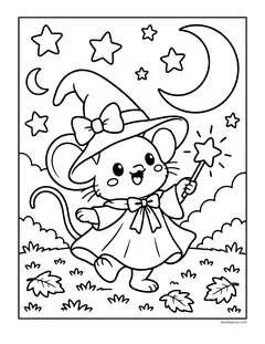 A mouse in a witch hat with a bow and a long dress waving a star wand under a big crescent moon