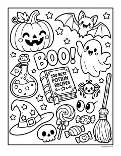 Halloween doodles: the word Boo, a jack-o'-lantern, a bat, a ghost, a potion, a book of potion recipes, a witch hat, a spider, candy, a skull and a broom