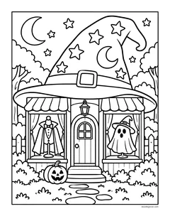 A costume shop with a giant witch hat for a roof, a vampire cape and a ghost costume in the windows and a jack-o'-lantern by the door
